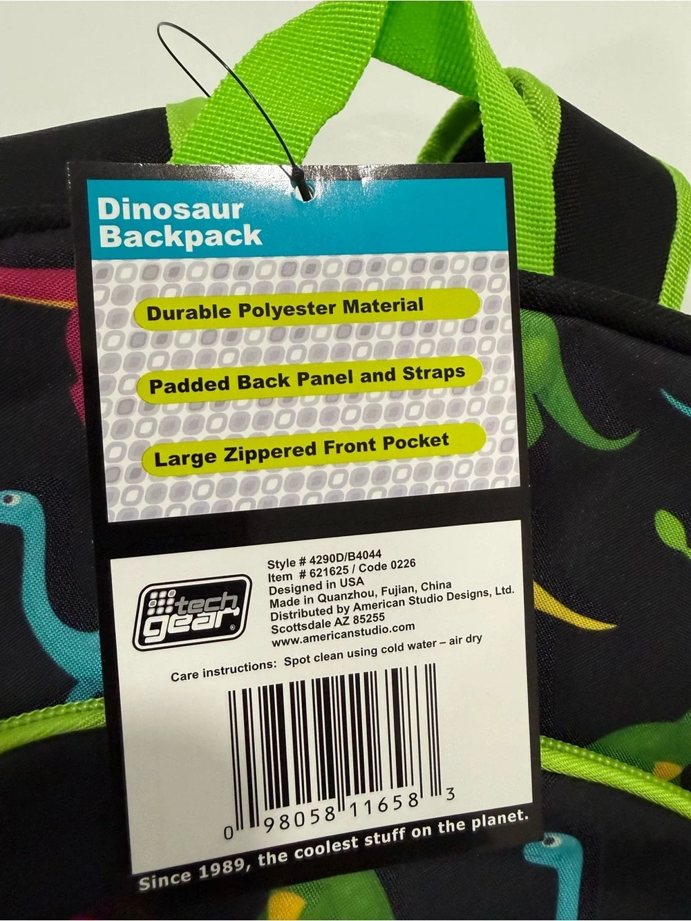 NWT Tech Gear Kids Dinosaur Backpack Black Neon Green 15.5” School Bag